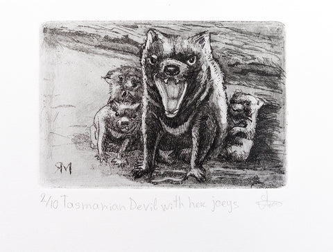 Margarita Iakovleva - Tasmanian Devil with her joeys [Print 2/10]