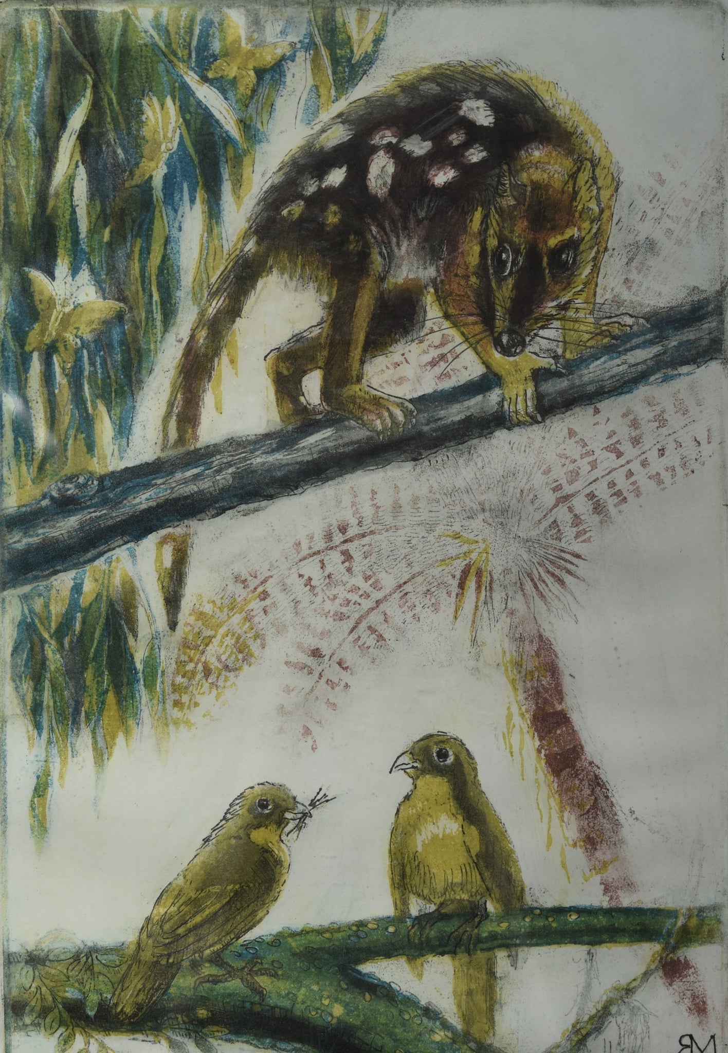 Margarita Iakovleva - Spotted Tailed Quoll with Two Golden Bowen Birds