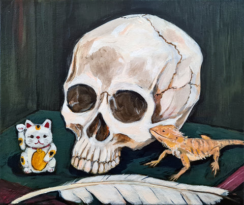 Jenny Jump - Vanitas. Still Life with Skull, Lucky Cat, Ibis Feather and Bearded Dragon Lizard